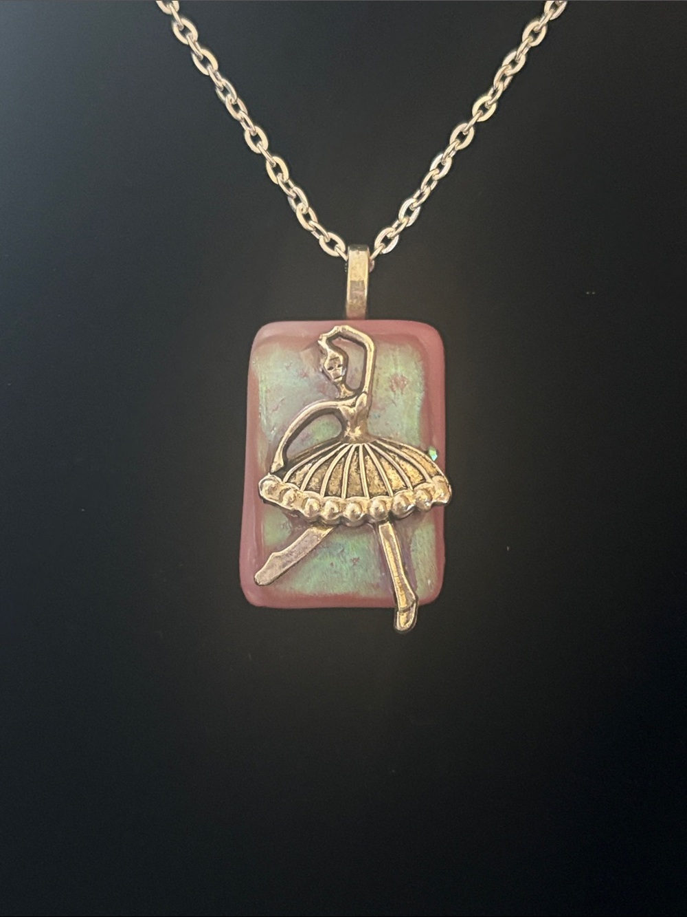 Ballet Dancer Rectangular Pendant Necklace in Pink and Green - Picture 2 of 4